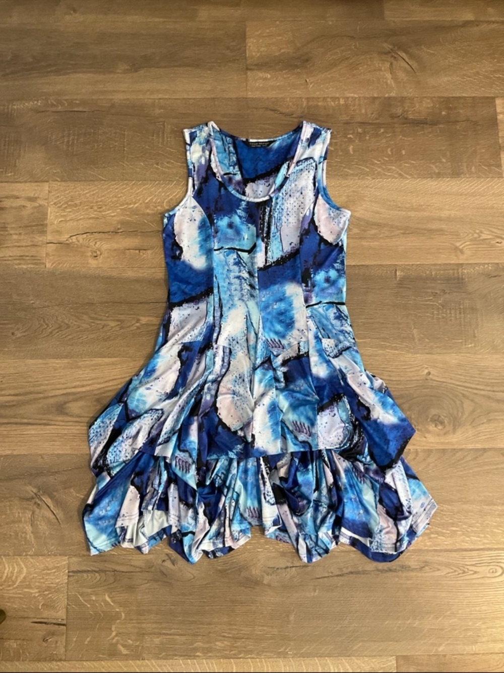 Tango Mango blue print sleeveless knee length dress w/ ties for tiered skirt, XS